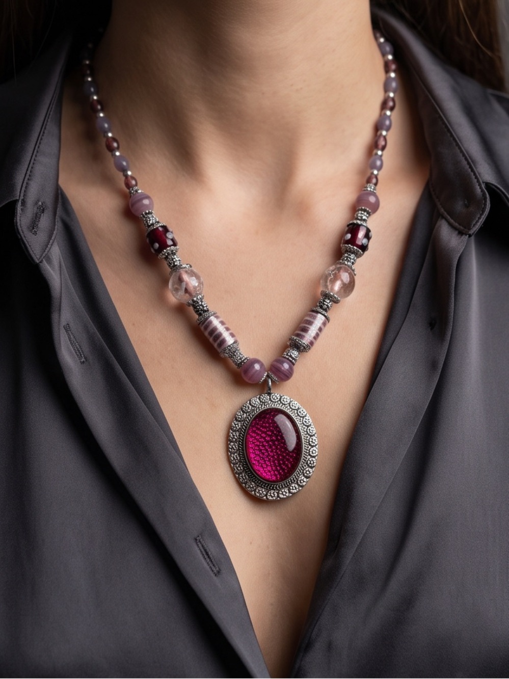 Hand Crafted Pink Glass Pendant Beaded Necklace
OOAK!